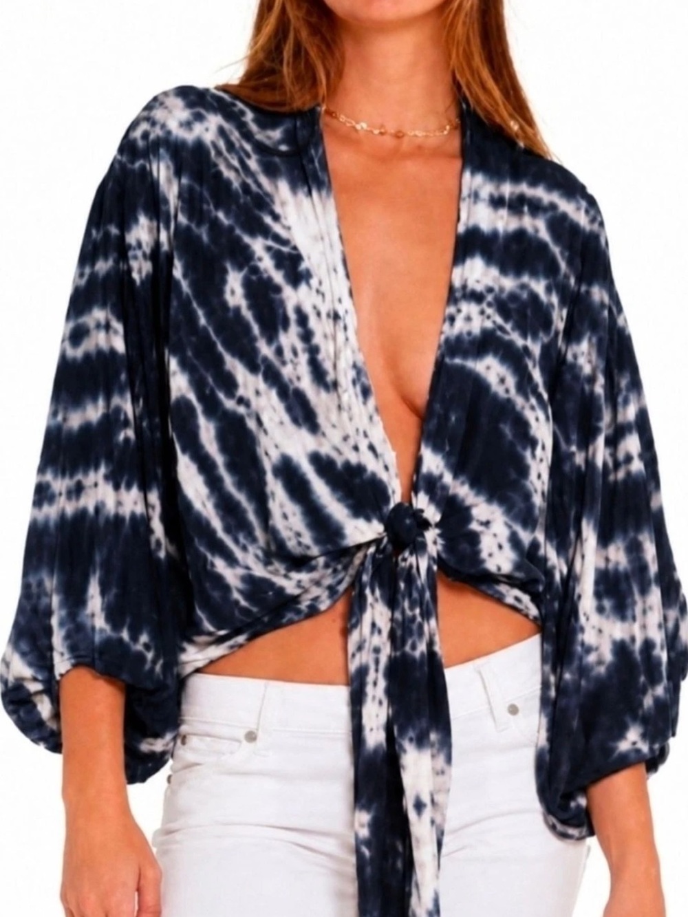 Young Fabulous & Broke Tie-Front Women's Tie-Dye Blouse in Navy and White L